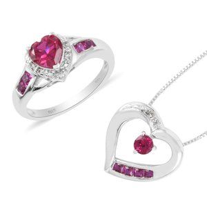 Ruby & White Sapphire Pendant & Ring Set in 925 Sterling Silver